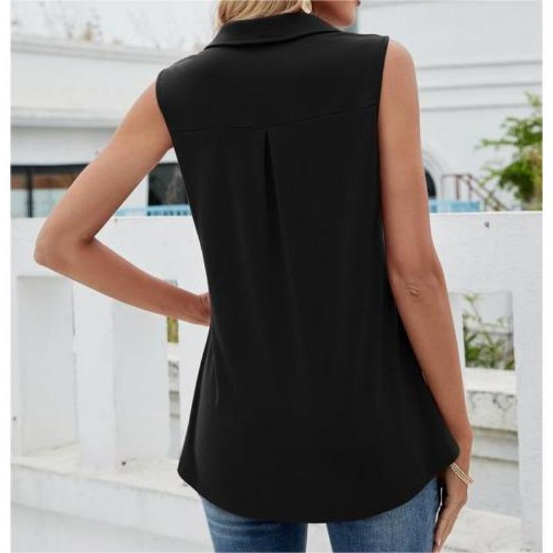 YYFS Women's Fashion Casual Summer Spring Solid Color Print Sleeveless POLO Neck Blouses & Shirts