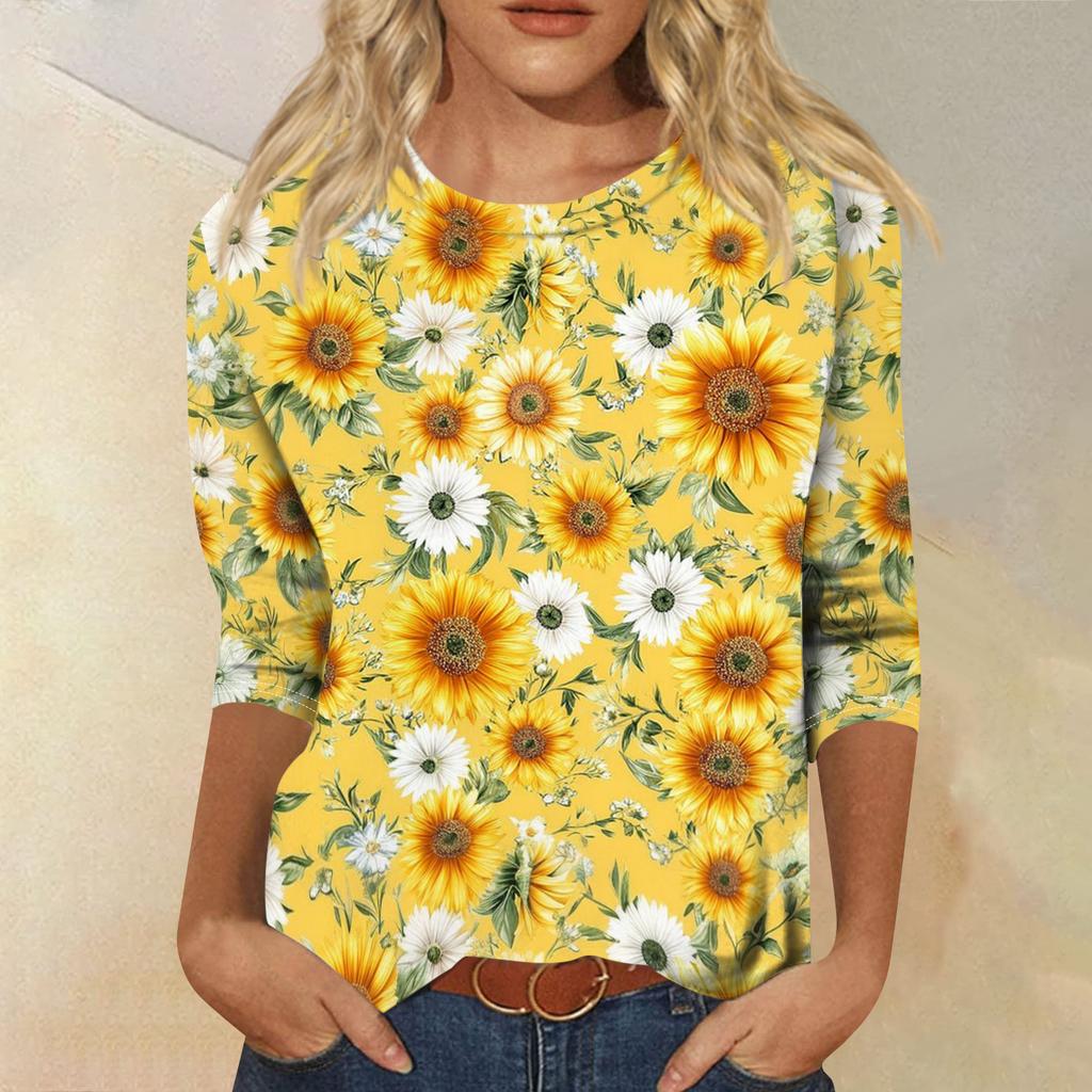 Women's Fashionable Casual Round Neck Three-Quarter Sleeve Printed T-Shirt Top