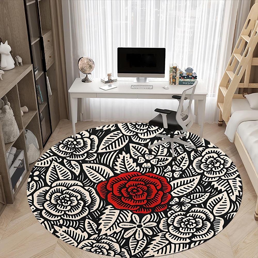 1pc Floral Rose Office Round Area Rug, Indoor Mat Suitable For Office, Under Office Chairs Bedroom Living Room Home Decor, Room Deco