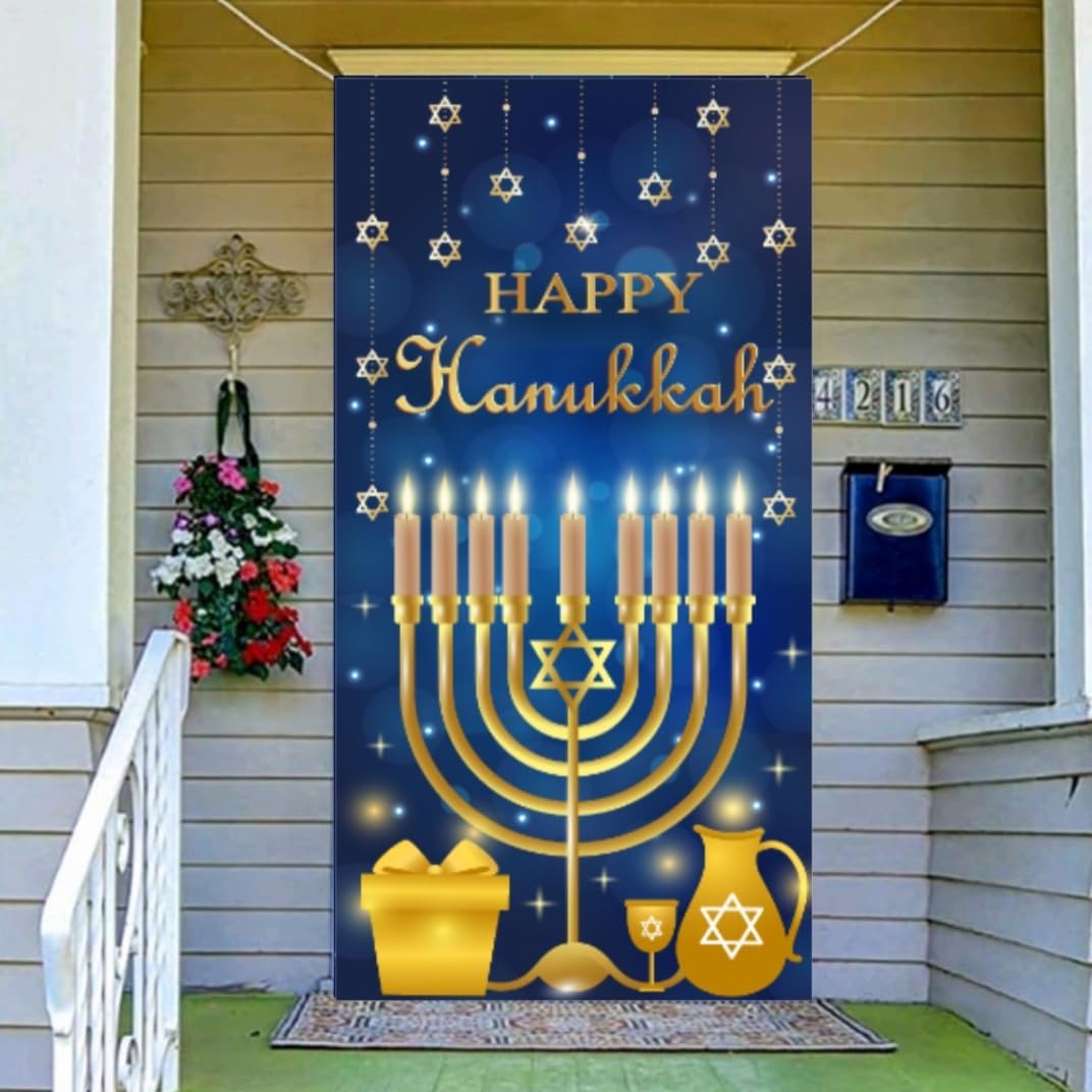 Happy Hanukkah Door Cover Decoration, Je Chanukah Holiday Backdrop Banner with 70.9 x 35.4 inches, Hanukkah Party Decorations Je Festival Holiday