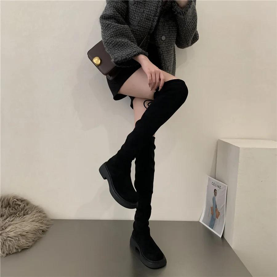 Over The Knee Cowboy Boots Autumn Women Platform Shoes Fashion Fur Suede Wedges Tnick High Boots Motorcycle Shoes Botas De Mujer