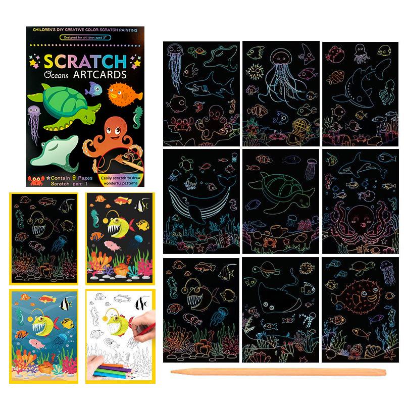 1Book Magic Rainbow Color Cartoon Scratching Paper 9PCS/Set DIY Scratch Graffiti Card Kit School Rewards Gift Party Souvenir ZYF