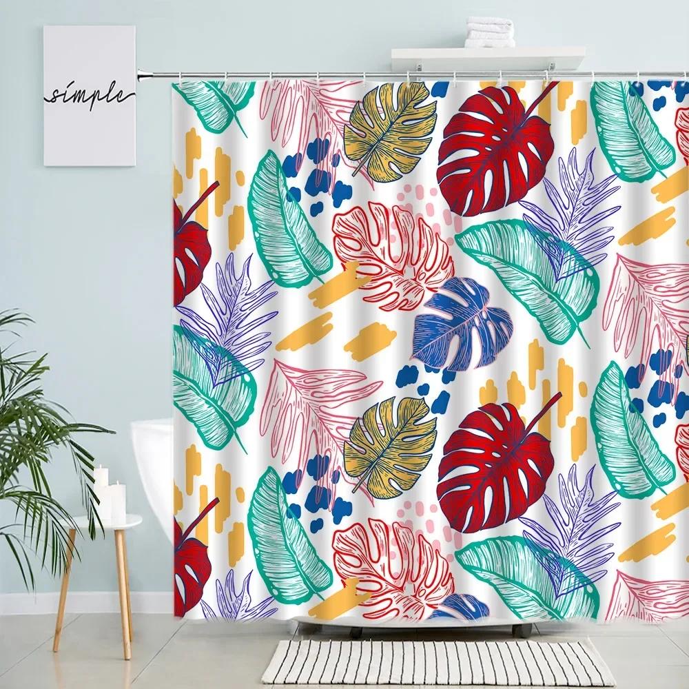 Leaves Shower Curtains Tropical Plant Monstera Palm Leaf Creative Mid Century Bath Curtain Sets Fabric Bathroom Decor With Hooks