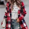 Manteau en Laine à Carreaux Vintage pour Femme Hiver Casual Manches Longues Amples Col Polo Poche Vêtement d'Extérieur