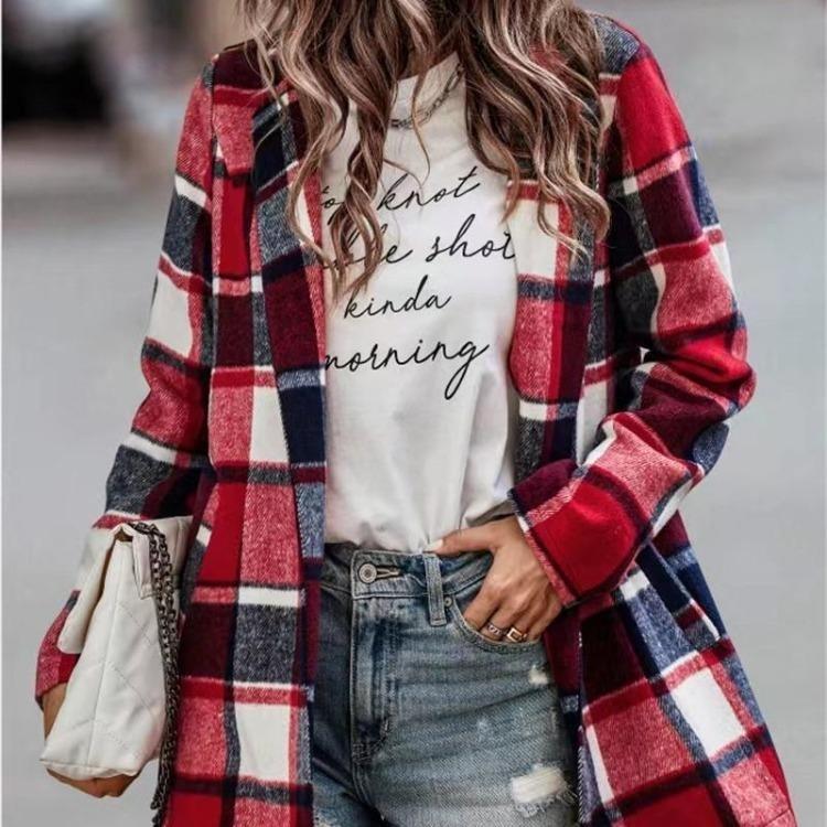 Manteau en Laine à Carreaux Vintage pour Femme Hiver Casual Manches Longues Amples Col Polo Poche Vêtement d'Extérieur