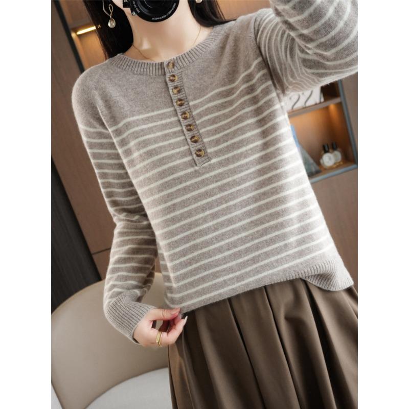 Autumn and Winter New Striped Crew Neck Buckle Women's Long-sleeved Knitted Sweater Top Contrasting Color Strip Pullover Bottoming Shirt