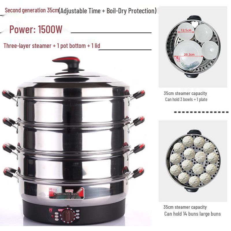 52cm Multifunctional Electric Steamer with Auto Shut-off, Keep Warm Feature, Stainless Steel, Three Layers