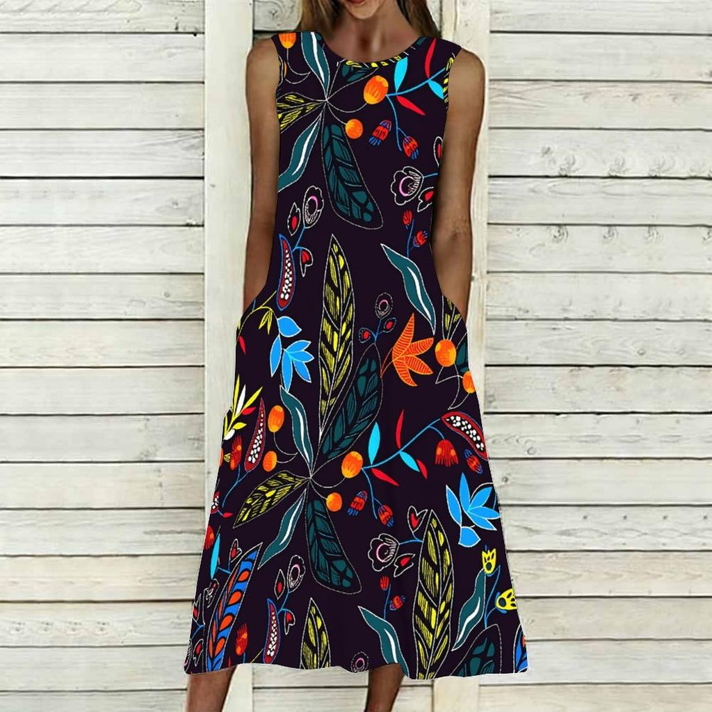 Ladies Oversized Sleeveless Crew Neck Dress Vintage Floral Branch Printed Flowy Calf Length Dress