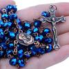 Nazareth Store Deep Blue Crystal Beads Rosary Necklace Catholic Prayer Jerusalem Holy Soil Medal Cross Holy Land Antique Religious Rosary Beads