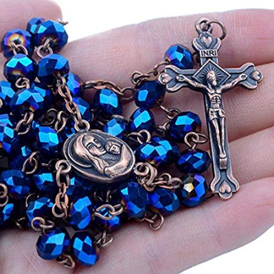 Nazareth Store Deep Blue Crystal Beads Rosary Necklace Catholic Prayer Jerusalem Holy Soil Medal Cross Holy Land Antique Religious Rosary Beads