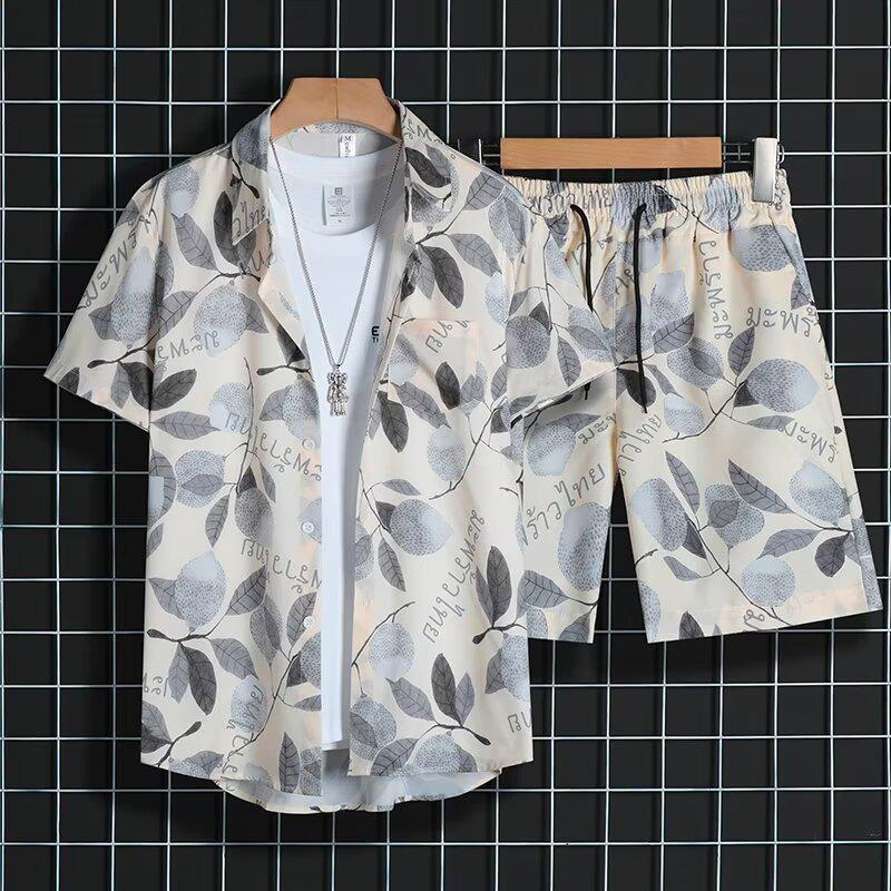 

Мужской модный комплект с коротким рукавом и шортами с цветочным принтом - Повседневный стиль Гонконга 4XL