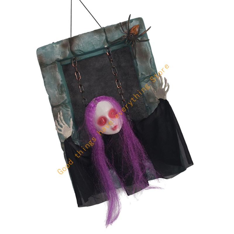 55KF Motion Activated Hanging Ghostly Gravestone Glowing Eyes Shaking Body And Eerie Sounds For Outdoor Horror Decorations
