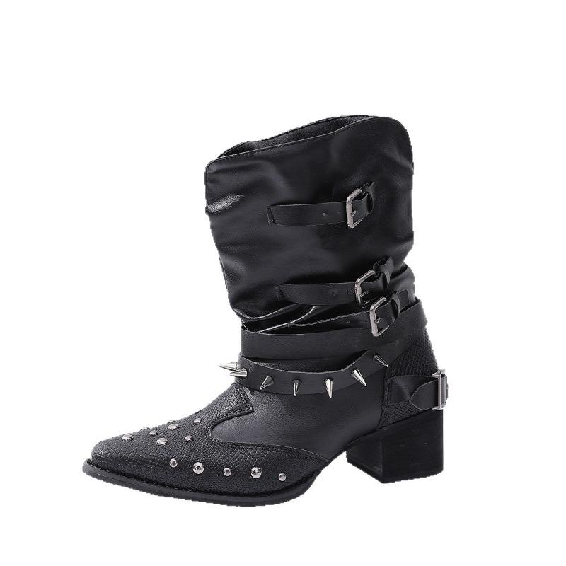Women's Wide Width V-Cut Ankle Boots, Pointed Toe Chunky Heel Western Boots, Studded Stacked Cowboy Boots for Winter