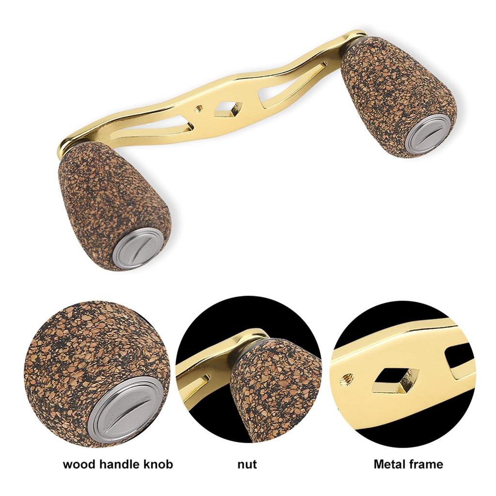 Ongwan Reel Handle, Double Handle, 85mm, Wooden Knob, Metal Frame, with Replacement Fittings, for Casting and Spinning Reels (Gold)