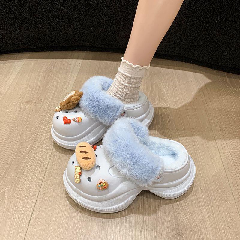 Muffin thick-soled fluffy cotton slippers piled bag head hole shoes women's outer wear 2025 autumn and winter new fashion versatile