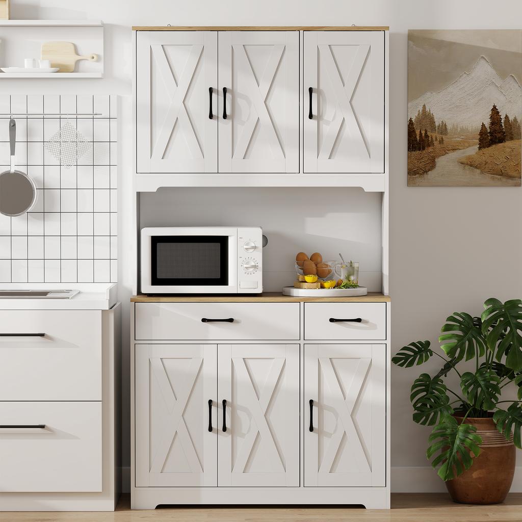 175 cm Tall Kitchen Pantry Cabinet with Microwave Stand, Freestanding Pantry Cupboard, White