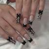 24Pcs Long Coffin French False Nails With Glue Bow And Diamond Decor Black Ballerina Press On Acrylic Nail Tips