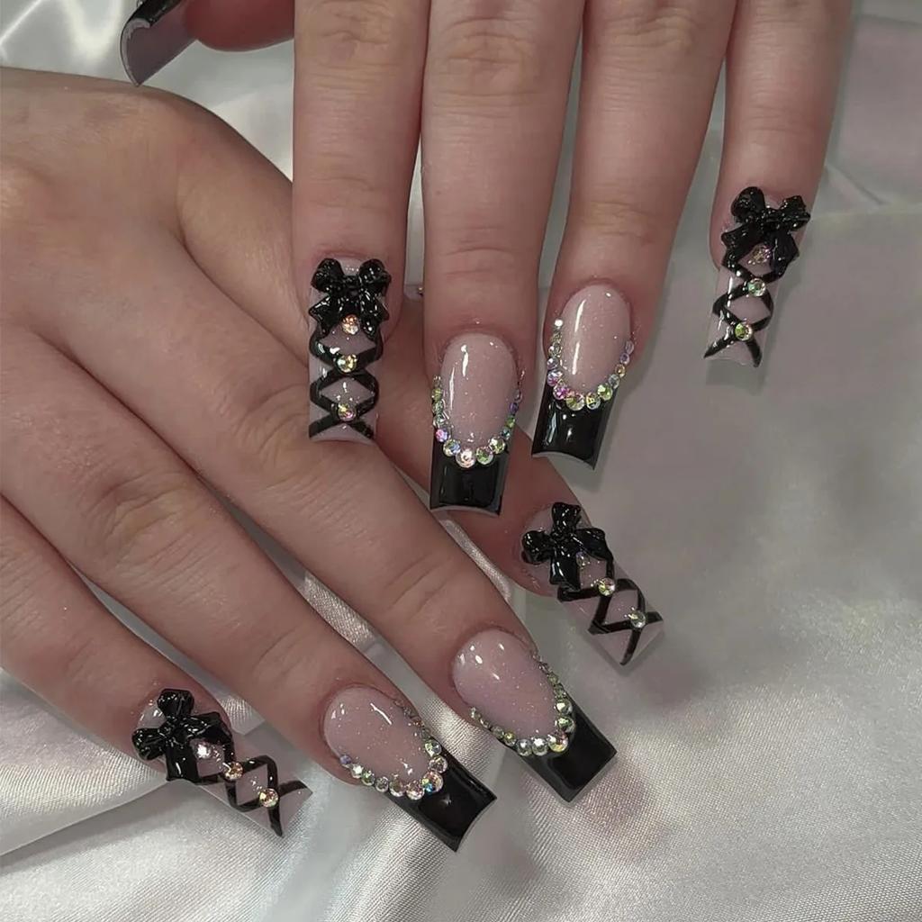 24Pcs Long Coffin French False Nails With Glue Bow And Diamond Decor Black Ballerina Press On Acrylic Nail Tips