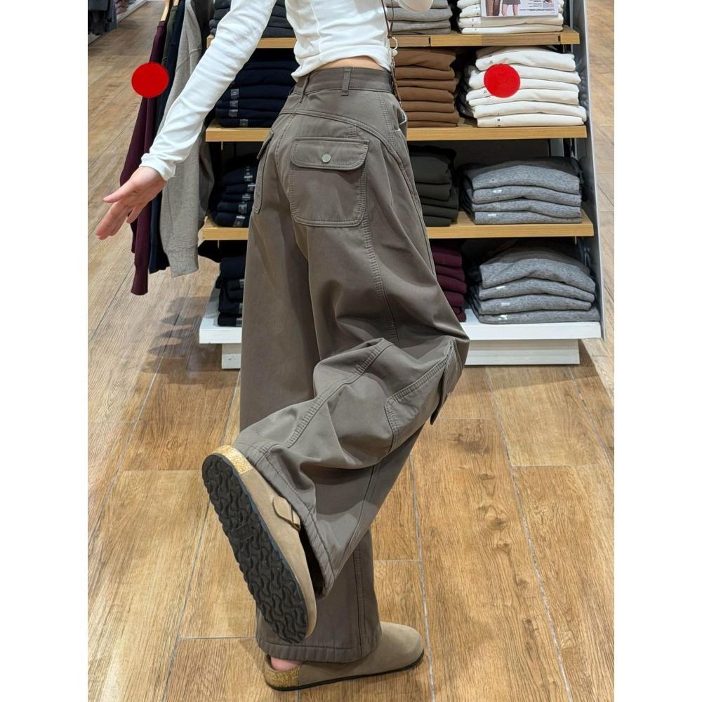 Pantaloni Cargo da Donna a Vita Alta Gamba Larga Vestibilità Larga Khaki Verde Vintage Multitasche Denim Lavato Pantaloni Casual Autunnali