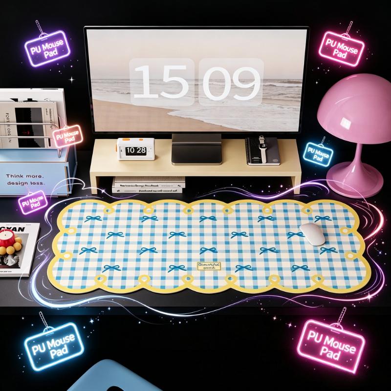 35x80cm Large PU Desk Mouse Pad Blue White Gingham Plaid Bow Print Scalloped Edge Waterproof Non Slip Wear Resistant Desktop Protector for Student