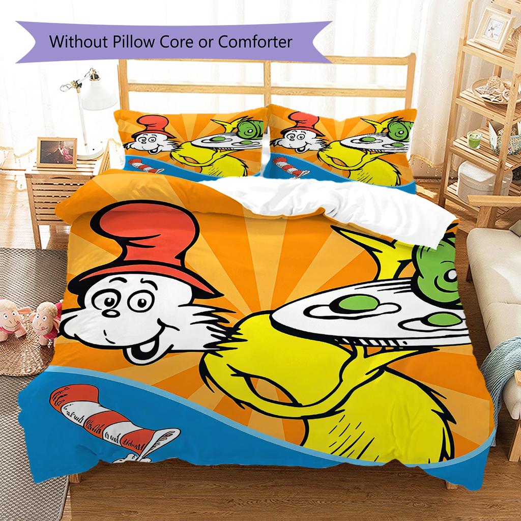Green Eggs and Ham Pattern Bedding,Quilt Set Quilt Cover Pillowcase Home Birthday Gift (1 * duvet cover + 2 * pillowcase, without core)