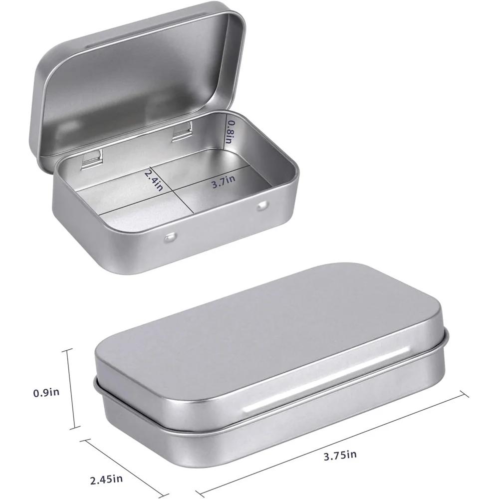 Metal Rectangular Empty Hinged Tins - Silver Mini Portable Box Small Storage Kit & Home Organizer with Lids Craft Containers