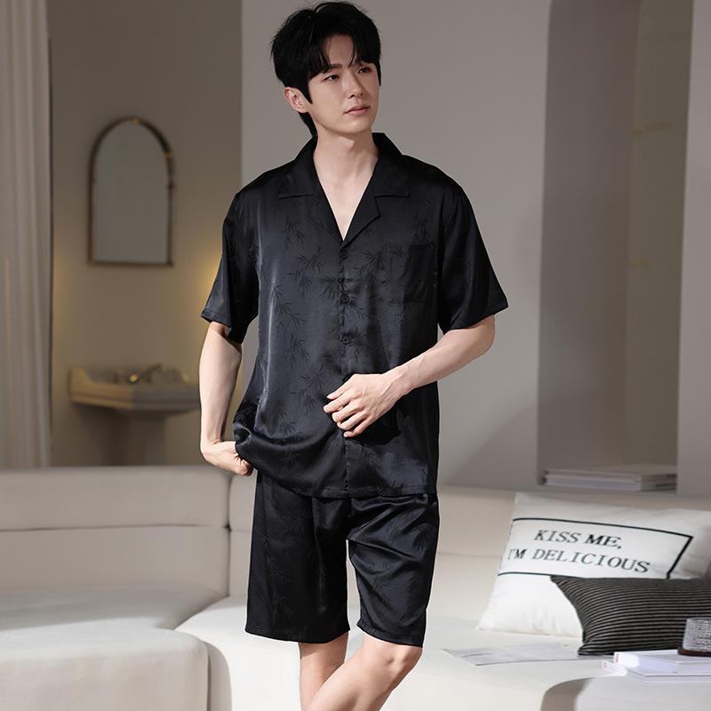 Ice silk pajamas men's summer 1011 new short-sleeved black high-end simulation silk summer loungewear set