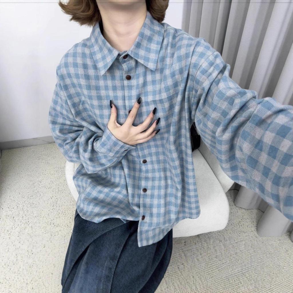 Women's Winter Retro Plaid Blue Cotton Shirt - Casual Fashion Layering Jacket with High-End Feel