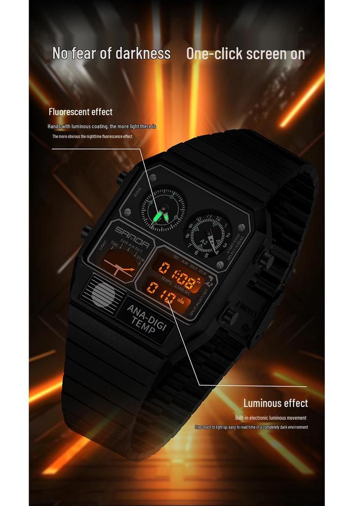 Sanda Men's Multi-Function Square Steel Band Watch with Temperature Measuring and Stopwatch Timer