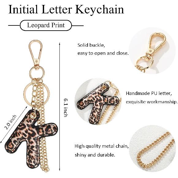 Leopard Letter Keychain for Women, PU leather Initial Letter Keyring Keychain Accessories Purse Handbags Charm