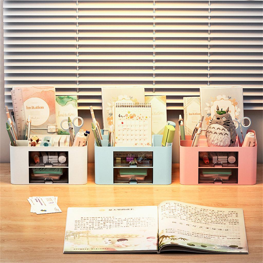 Multifunctional Desk Organizer Pen Holder Efficient Space Saving 7 Compartments Plastic Office Organizer with Drawer Table Organizer