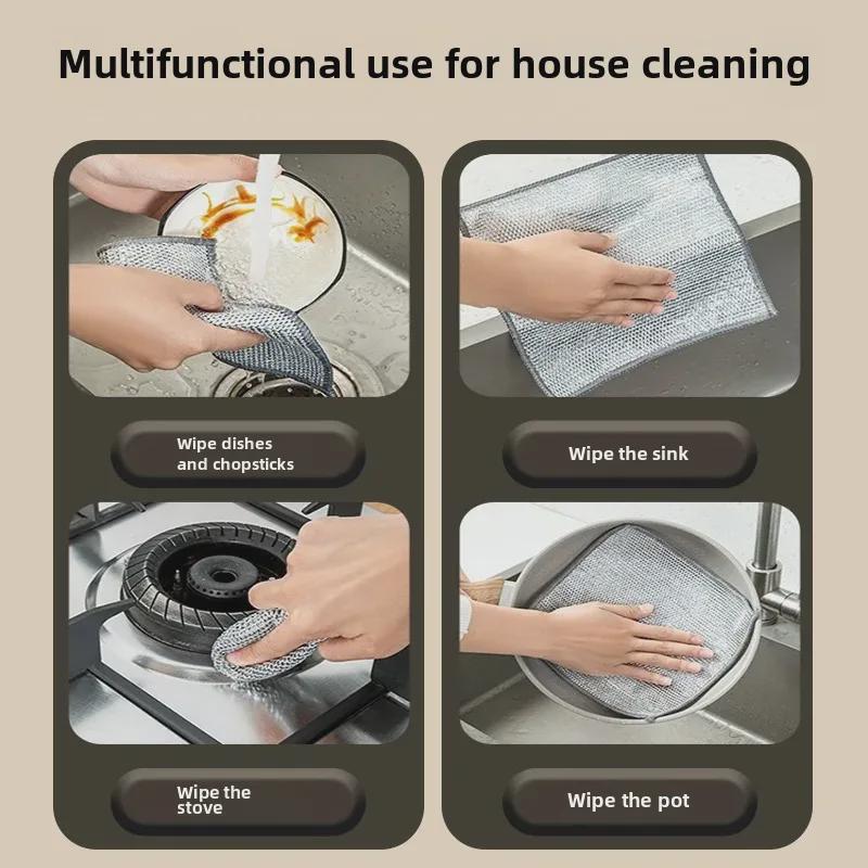 Doppelseitiges Geschirrtuch aus silbernem Stahldraht: Antihaft-Öl, Küchenherd- und Topfreiniger als Ersatz für Stahlwolle.