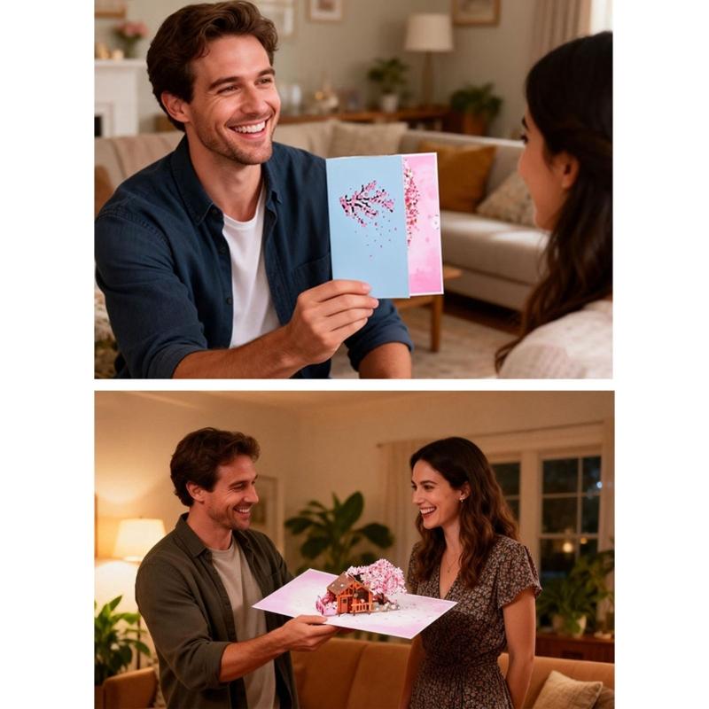 Birthday Greeting Card Paper Sculpture Flower Tree Cottage Happy Birthday Card For Anniversary Valentine's Day Gift