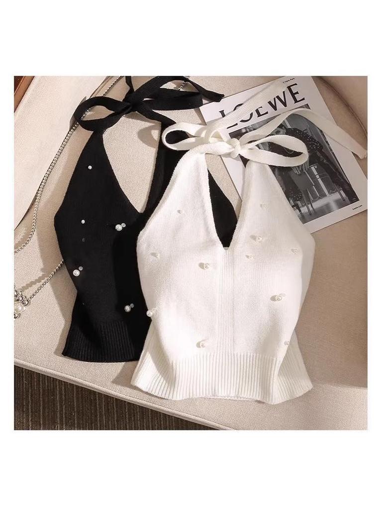 French Beaded Halter Camisole: Slim-Fit, Off-Shoulder, Knit Top for Women - Perfect Summer Wear