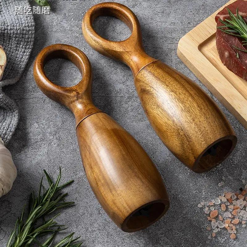 New Acacia Wood Pepper Grinder Nordic Western Restaurant Spice Shaker Solid Wood Sea Salt Grinder Bottle Pepper Mills Seasoning Jar