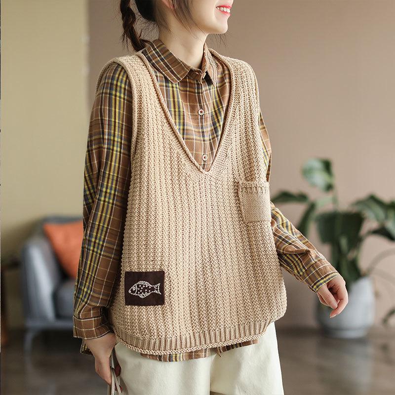 Retro V-Neck Knit Vest for Women - Spring/Autumn Casual