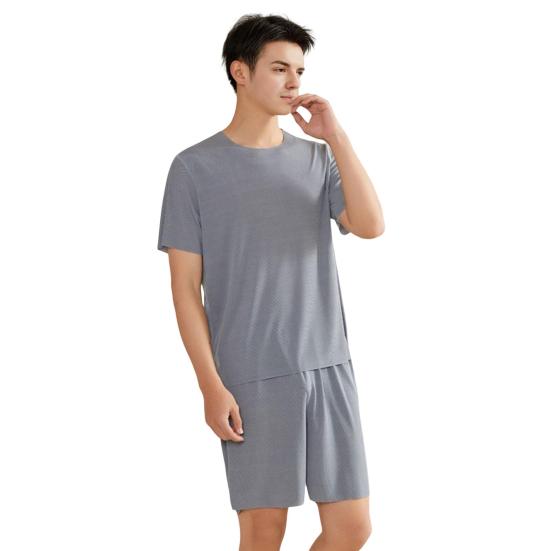 2Pcs/Set Men Pajamas Set O-Neck Short Sleeve T-shirt Elastic Waist Shorts Set Solid Color Home Clothing Suit