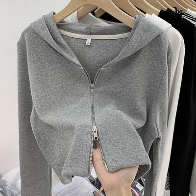 Dámský úzký kardigan s kapucí na dvojitý zip, krátký design, podzim zima