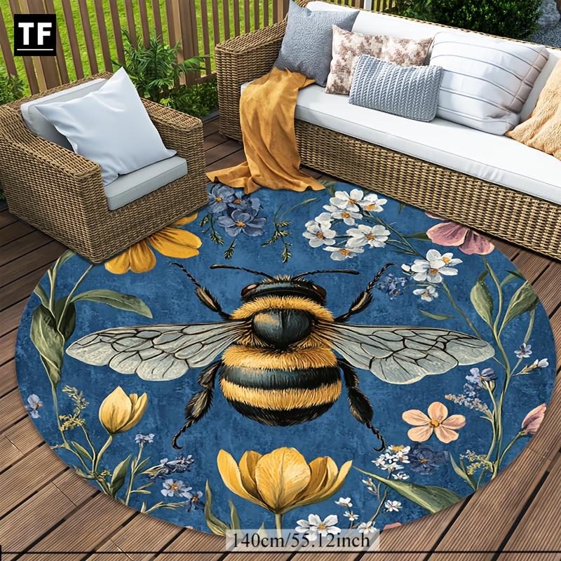 Crystal Velvet Carpet[1pc Bee&Flower Rug] Spring In The Air 1pc Crystal Velvet Round Carpet/Rug/Mat with Bee&Flower Pattern,