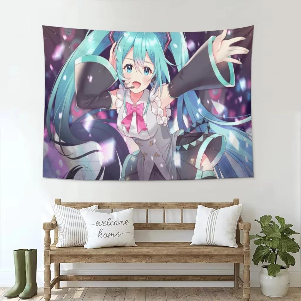 Neko Cat Girl Anime Tapestry Blue Hair Miku Print Polyester Wall Hanging Kawaii Otaku Decor for Bedroom  Living Room