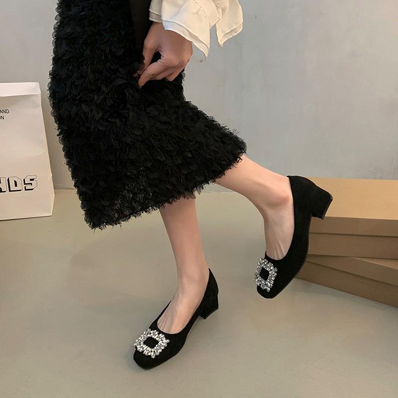 French square head single shoes women's shoes 2025 early spring new rhinestone thick heel low heel shoes one pedal shallow high heels