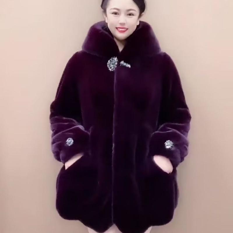 Neuer Nerzimitatmantel für Damen mit Kapuze, Jacke aus Nerzimitatfleece, Imitatfell, locker, große Größe, Winter