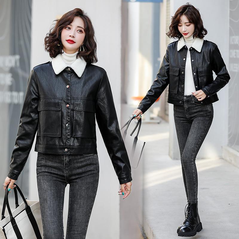 

Куртка из овчины, женская, короткая, осень-зима, новая, корейский стиль, бархатная, утолщенная, из натуральной кожи, повседневная куртка 3XL