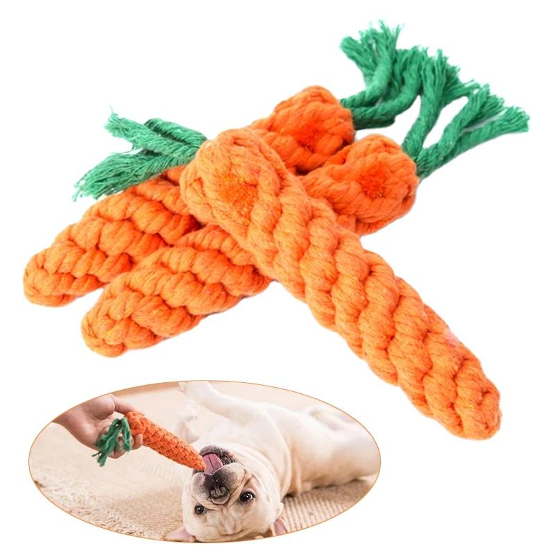 Factory New Design Cotton Rope Carrot Shape Dog Teeth Cleaning Squeaky Durable Interactive Chicken Flavor Chew Toys Indoor Fun