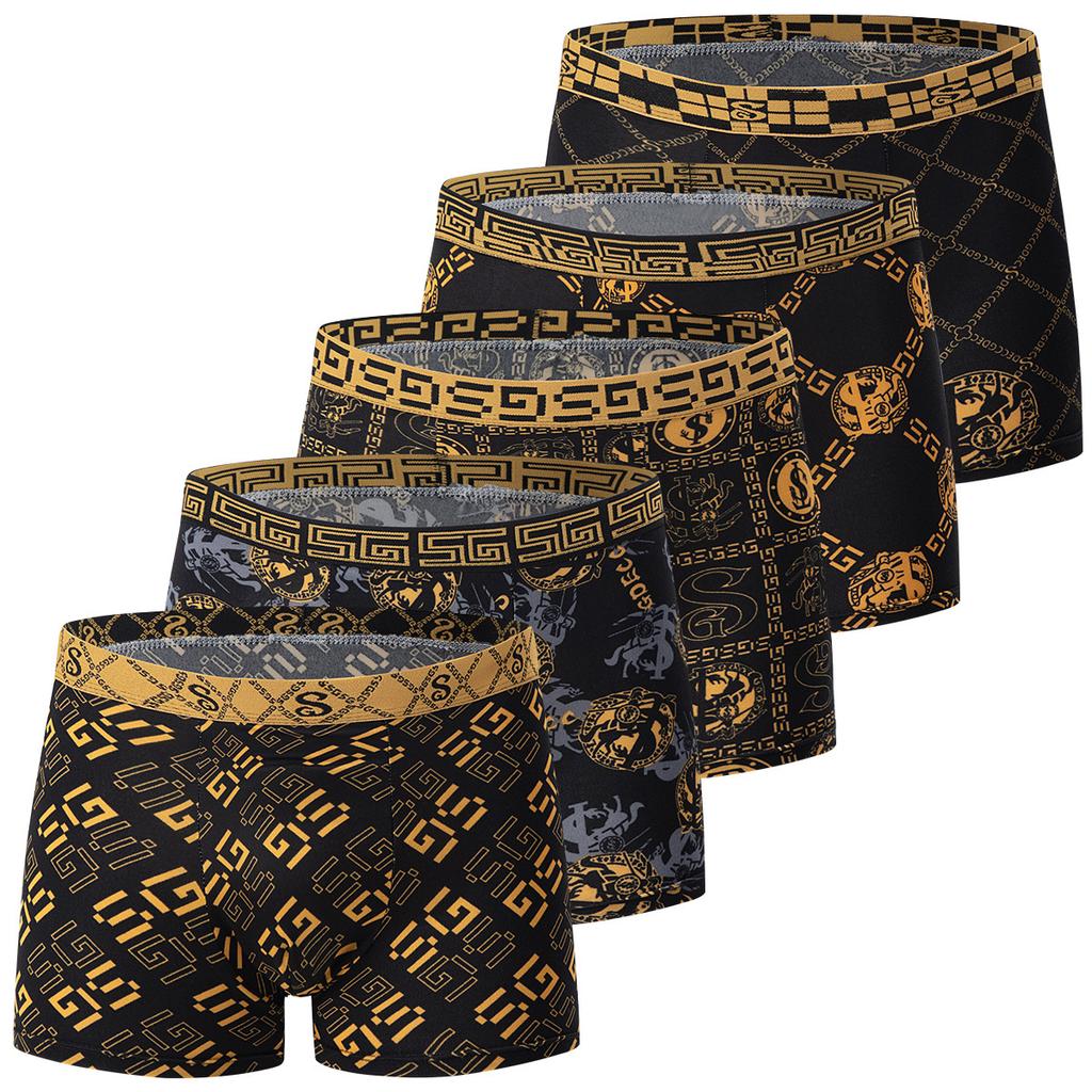 Genç yetişkinler için baskılı tasarımlı, büyük beden lüks altın rengi erkek boxer külot 10'lu paket