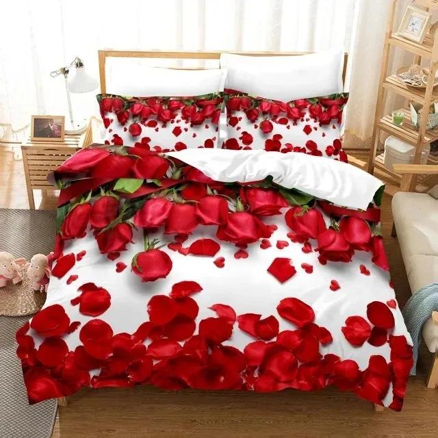3D Shiny Red Golden Rose Flowers Duvet Cover Set With Pillowcase Valentine's Day Fashion Bedding Set Bedroom Dorm Decor Bed Sets