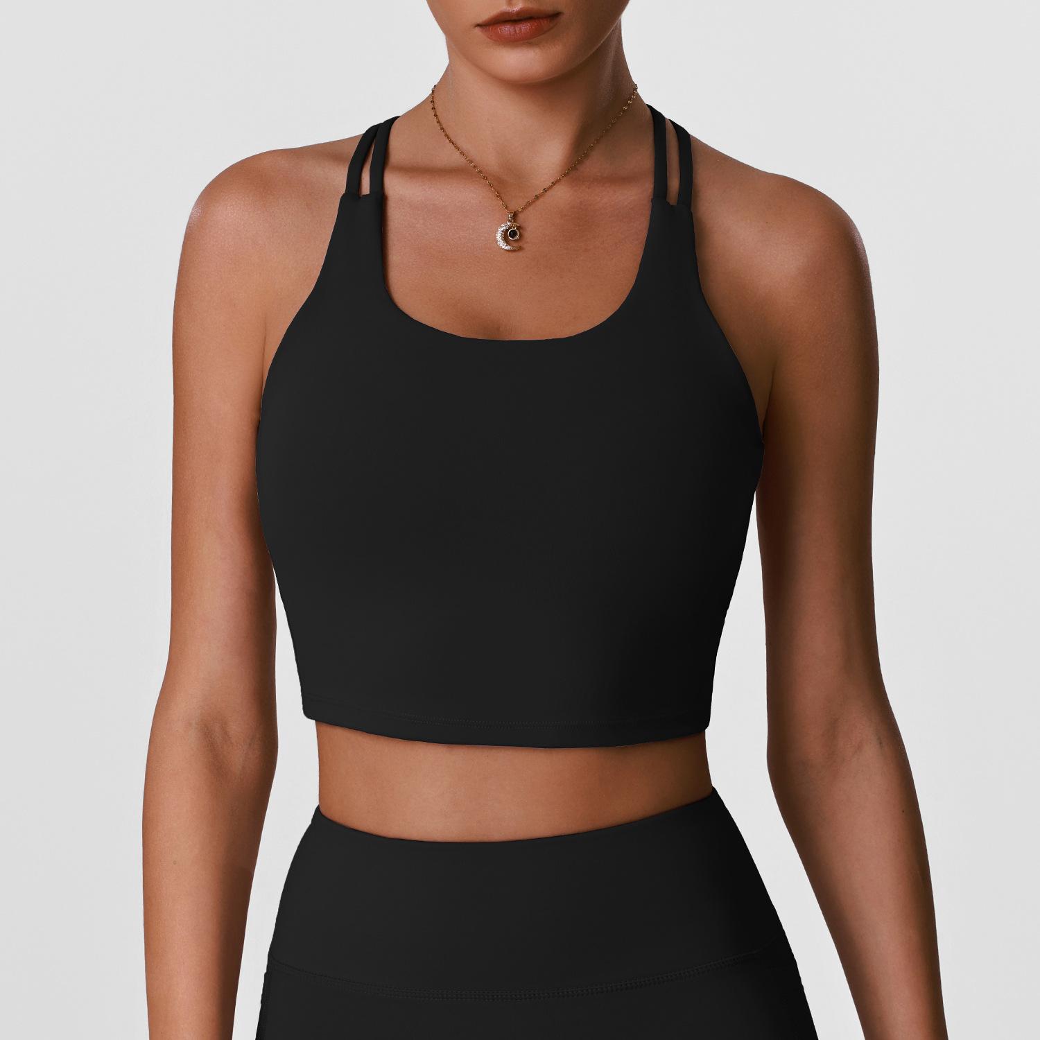 Women s Double Strap Longline Sports Bra with Removable Pads Workout Crop Top for Yoga Gym S чёрный