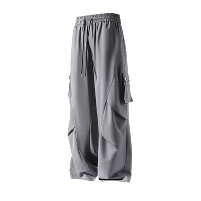 Fashion Men's Side Pocket Pleated Pants Casual Solid Straight Elastic Waist Trousers Male Loose Ice Silk Daily Pants