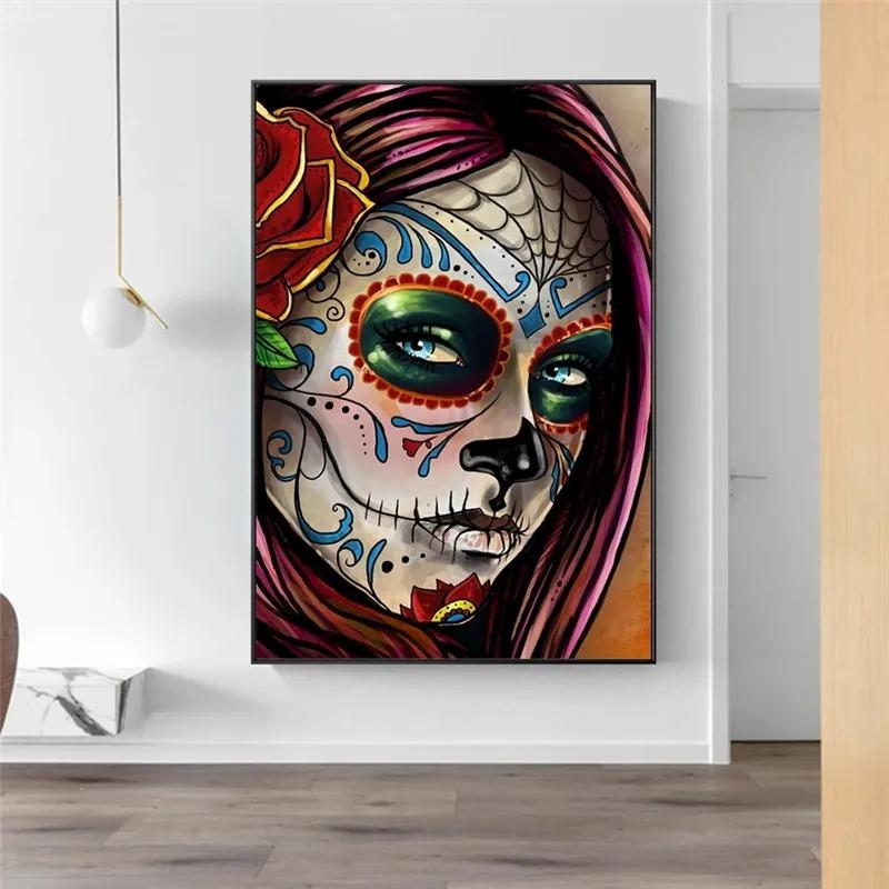 Abstract Tattoo Skull Woman Face Canvas Wall Art Painting On Wall Decor Poster And Prints Picture Cuadros For Home Living Room