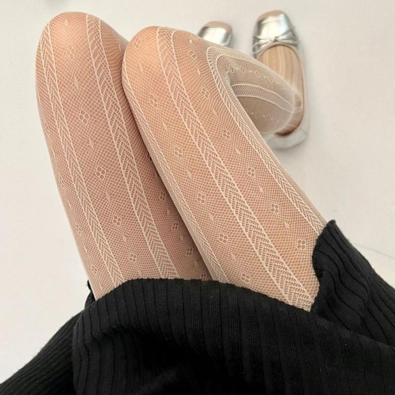 Women Vintage Striped Flower Patterned Fishnet Tights Stockings Japanese Style Colored Fine Mesh Thin Pantyhose Leggings